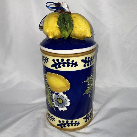 NWT BLUE SKY CLAYWORKS LEMON JUICE BLUE YELLOW WHITE SMALL CANISTER COOKIE JAR - Picture 5 of 8